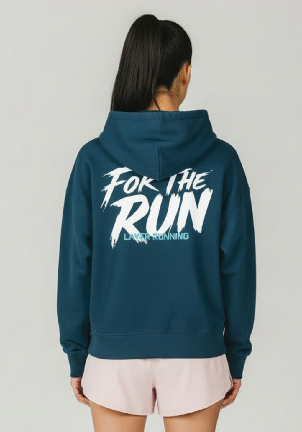 Close-up back view of lavender Layer hoodie with “For The Run” graphic