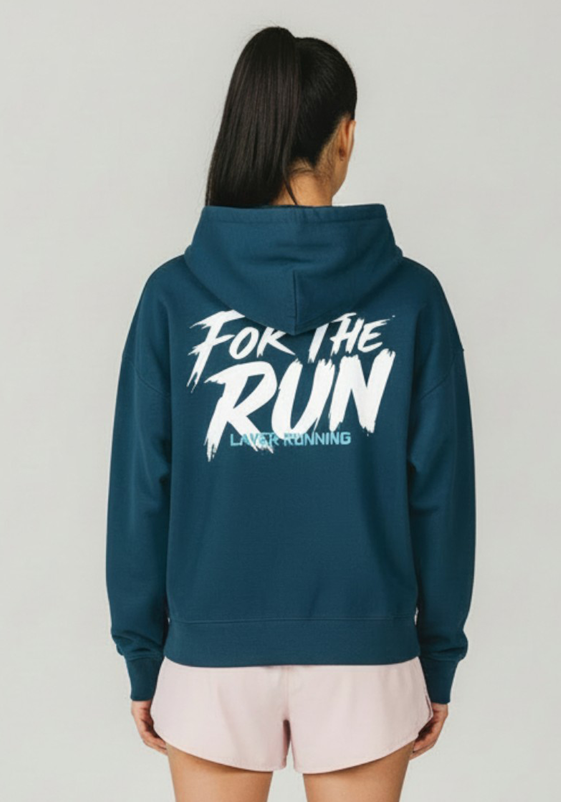 Layer Women's FTR Graphic Hoodie in petrol blue, back graphic close-up
