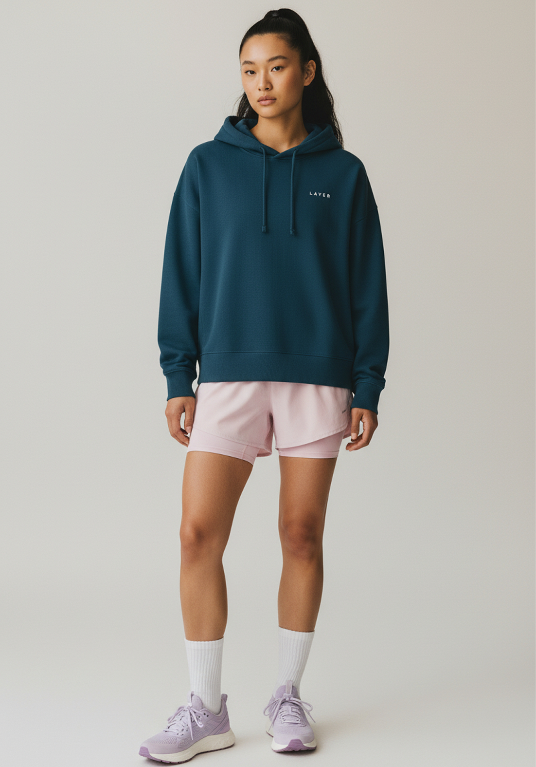 Layer Women's FTR Graphic Hoodie in petrol blue, front view drawstring hood
