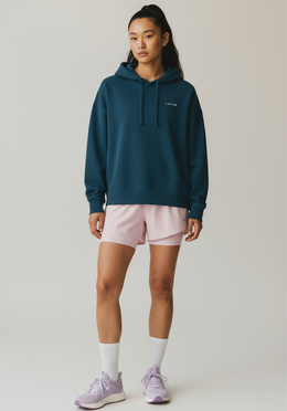 Layer Women's FTR Graphic Hoodie in petrol blue, front view drawstring hood
