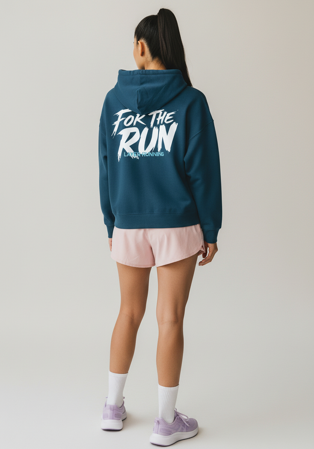 Layer Women's FTR Graphic Hoodie in petrol blue, full back view

