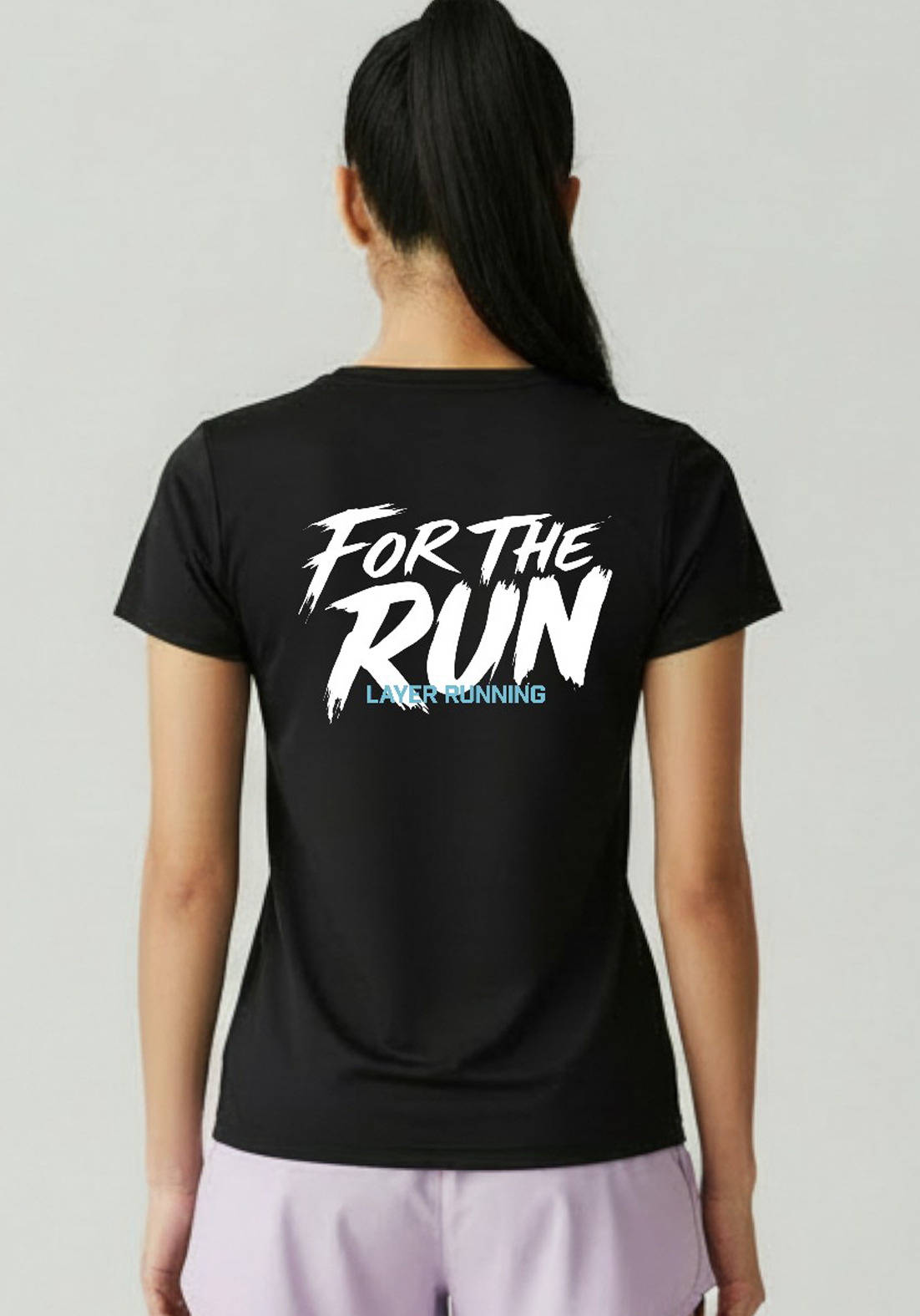 Close-up back view of black Women’s FTR Graphic Running Tee showing ‘For The Run’ Layer Running graphic.