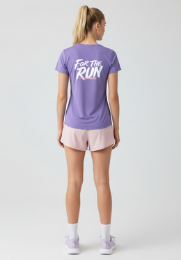Layer Women's FTR Running Tee in lavender, angled rear with back graphic

