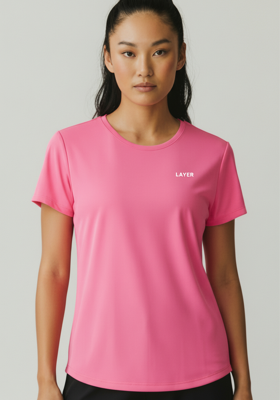 Layer Women's FTR Running Tee in pink, front close-up with Layer logo
