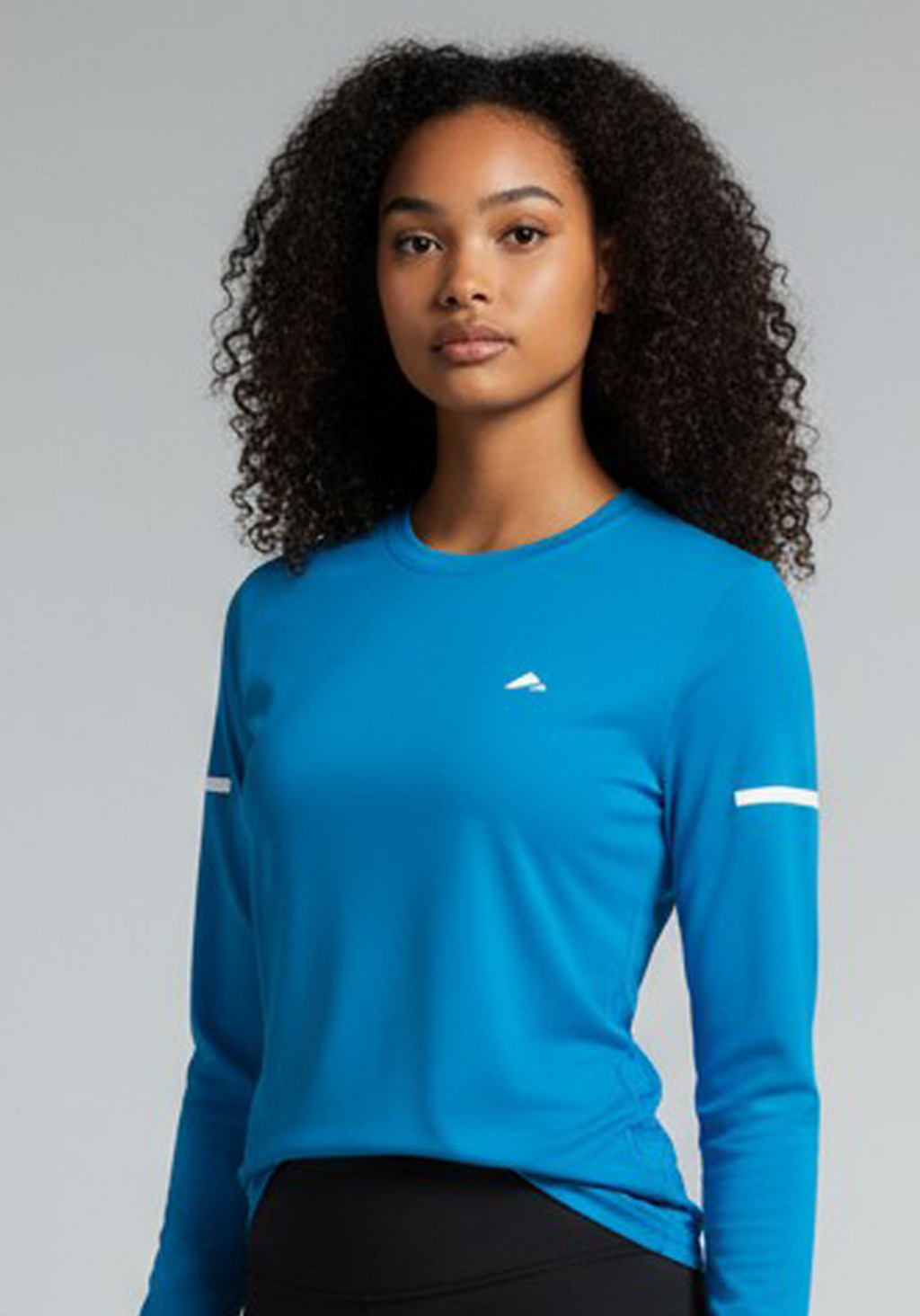 Layer Women’s For The Run Long Sleeve Tee in sapphire – close-up front view highlighting lightweight construction and minimalist logo