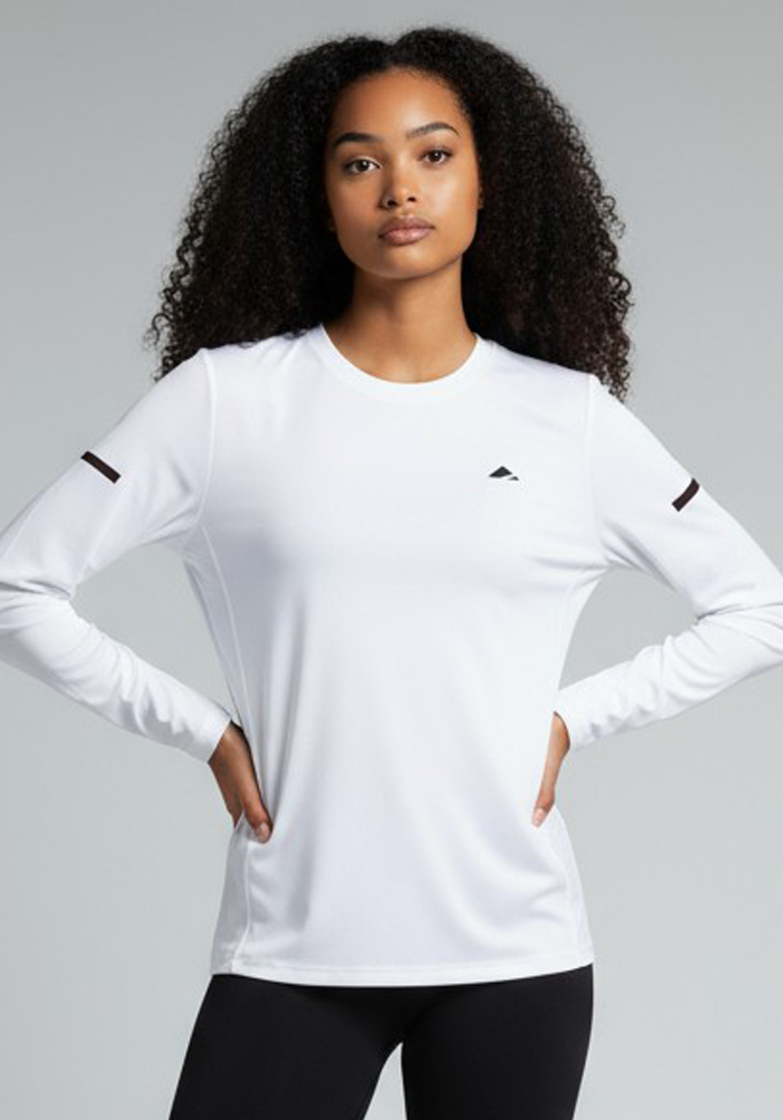 Layer Women’s For The Run Long Sleeve Tee in white – close-up front view highlighting breathable material and refined detailing