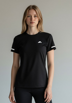 Layer Women’s For The Run Tee in black – close-up front view highlighting soft technical material and subtle Layer logo