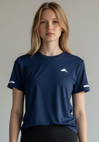 Layer Women’s For The Run Tee in navy – close-up front view highlighting breathable fabric and minimalist logo