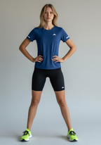 Layer Women’s For The Run Tee in navy – alternate on-model front view showing athletic silhouette and smooth finish