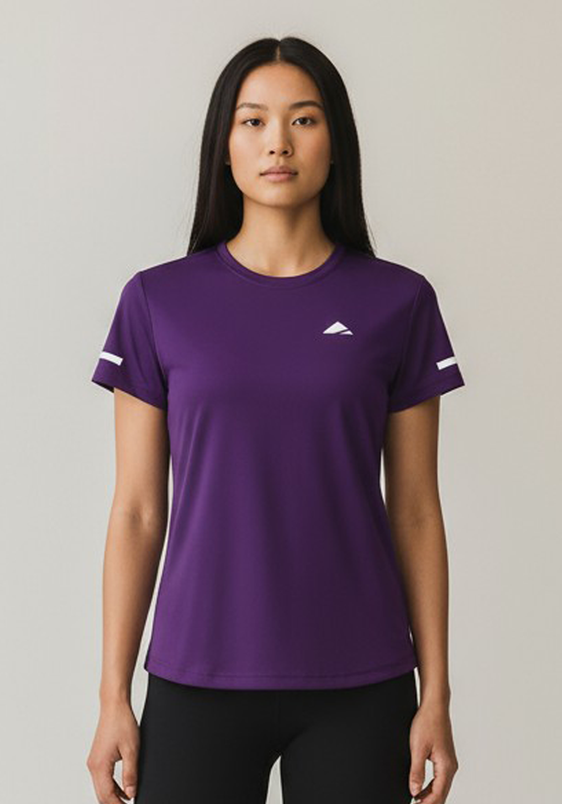Layer Women’s For The Run Tee in purple – close-up front view highlighting soft technical stretch fabric