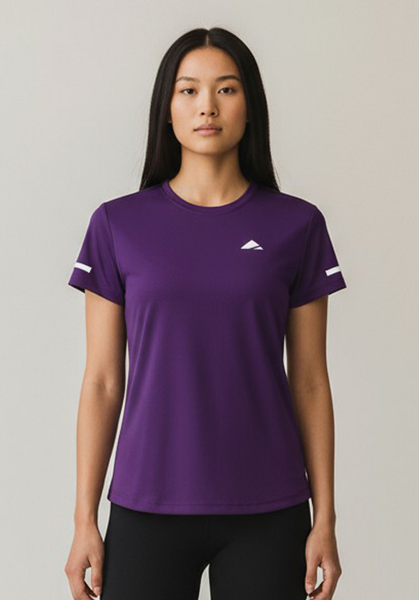 Layer Women’s For The Run Tee in purple – close-up front view highlighting soft technical stretch fabric