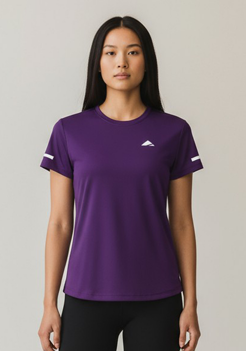 Layer Women’s For The Run Tee in purple – close-up front view highlighting soft technical stretch fabric