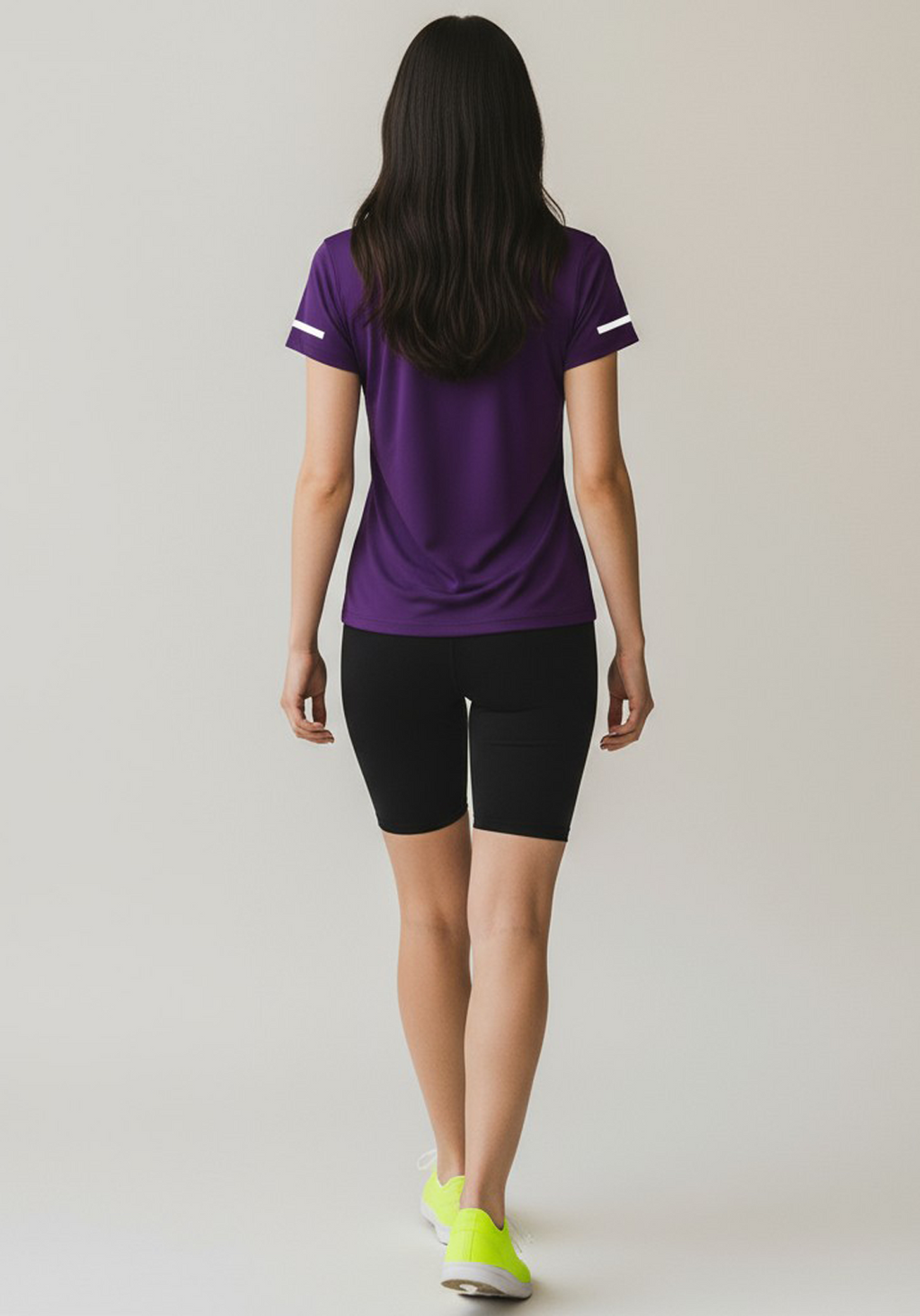 Layer Women’s For The Run Tee in purple – on-model back view showing breathable material and contoured shape