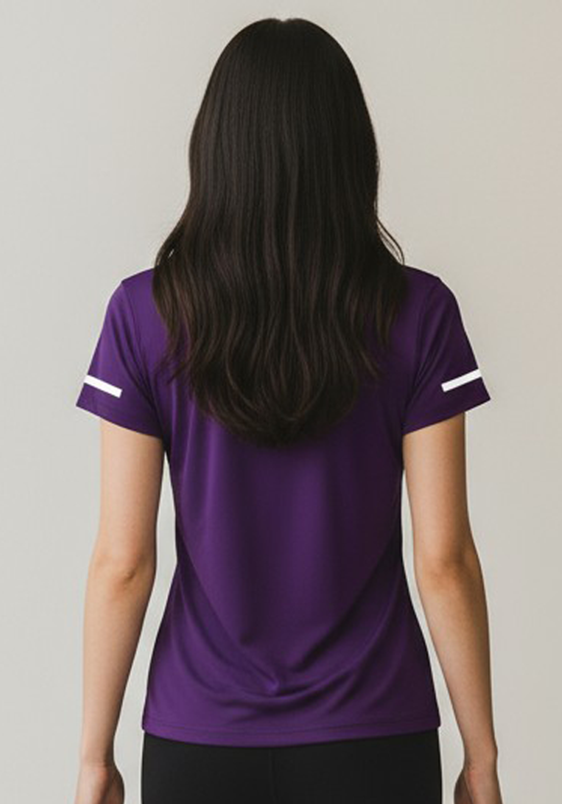 Layer Women’s For The Run Tee in purple – close-up back view highlighting ergonomic seams and clean design