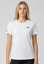 Layer Women’s For The Run Tee in white – close-up front view highlighting technical material and minimalist branding
