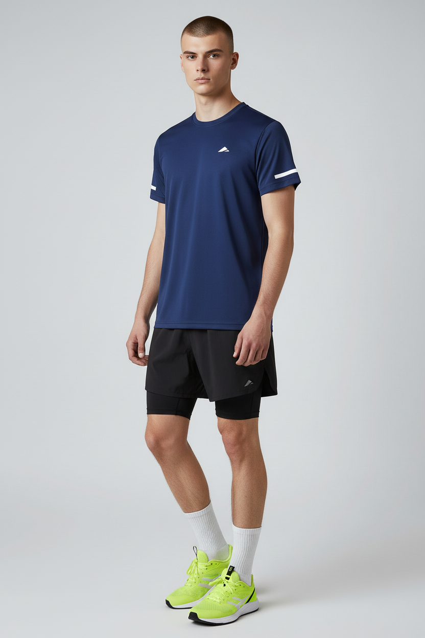 Side view of Layer For The Run navy short sleeve running tee, designed for running and gym training.