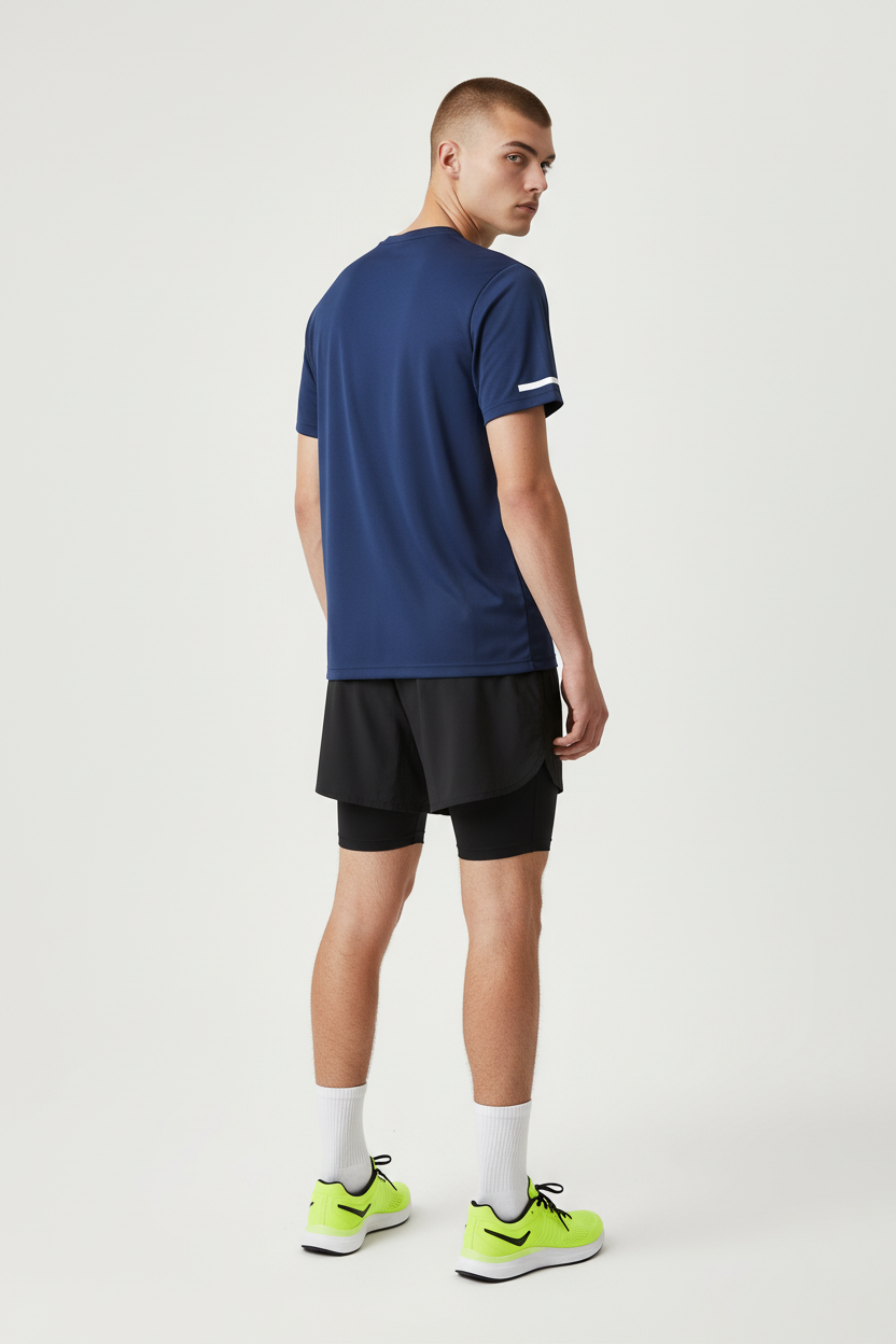 Back view of Layer navy short sleeve running top, lightweight quick-dry polyester fabric.