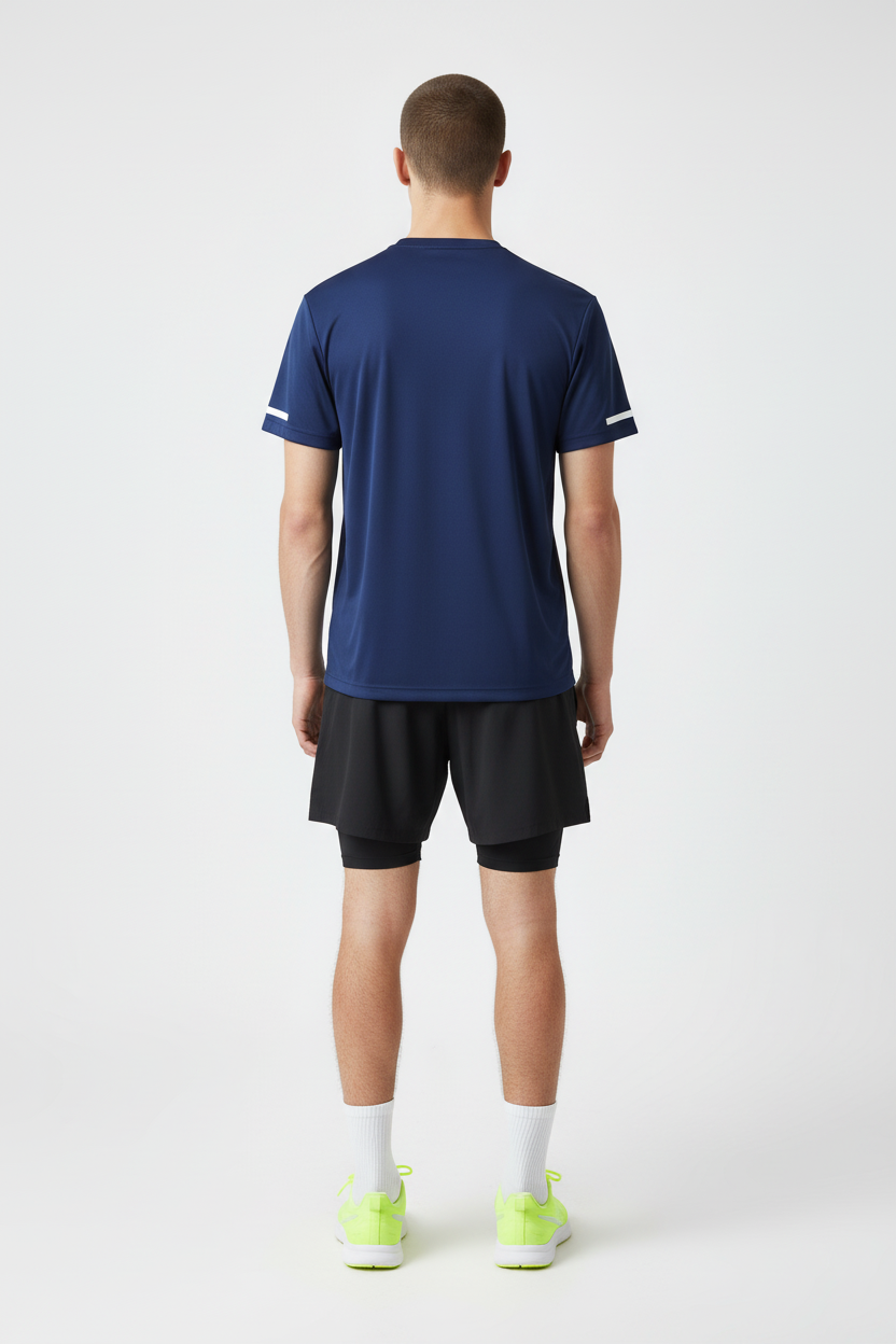 Back view of Layer navy short sleeve running top, lightweight quick-dry polyester fabric.